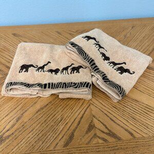 Cotton Bath Towels 2 Pc Safari Animal Embroidered Elephant Giraffe Lion Zebra